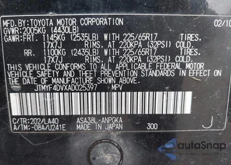 2010 Toyota Rav4 Limited from USA, damaged, VIN JTMYF4DVXAD025397
